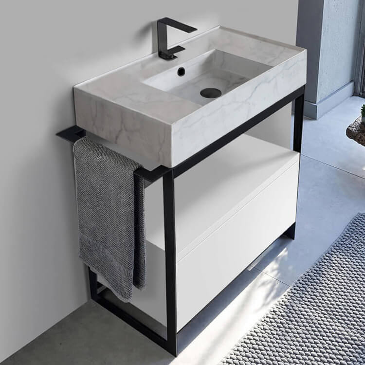 Scarabeo 5123-F-SOL1-01-One Hole Console Sink Vanity With Marble Design Ceramic Sink and Glossy White Drawer